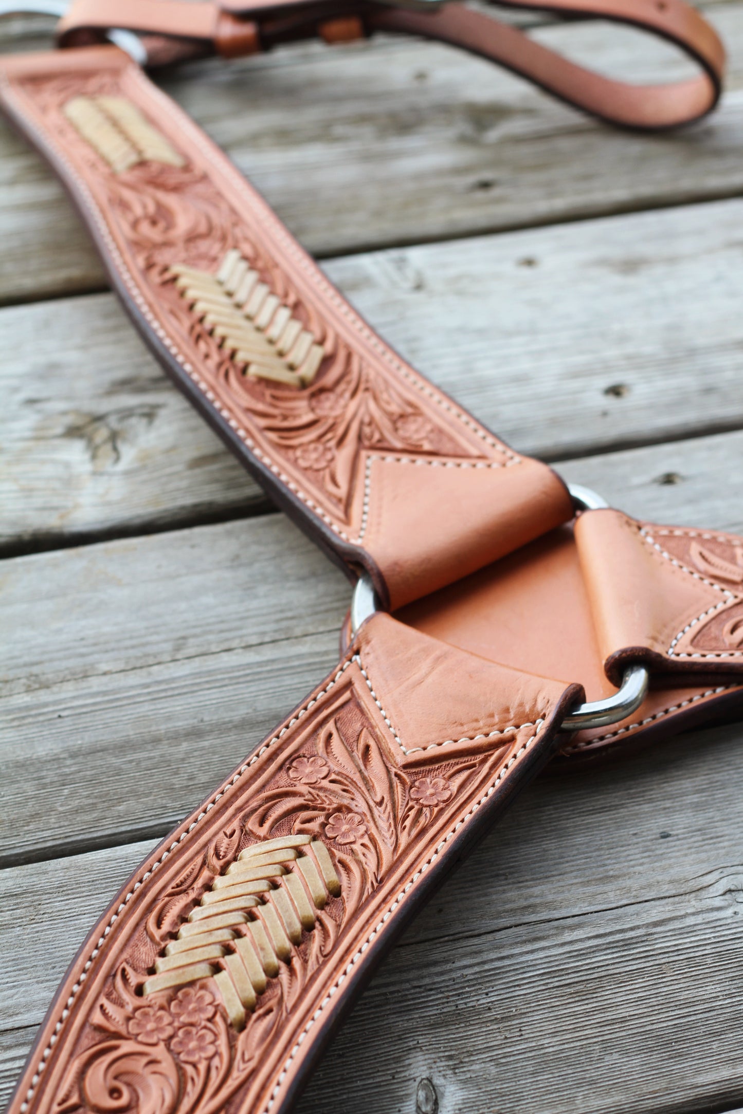 Light Oil Floral Tooled Breast Collar With Rawhide