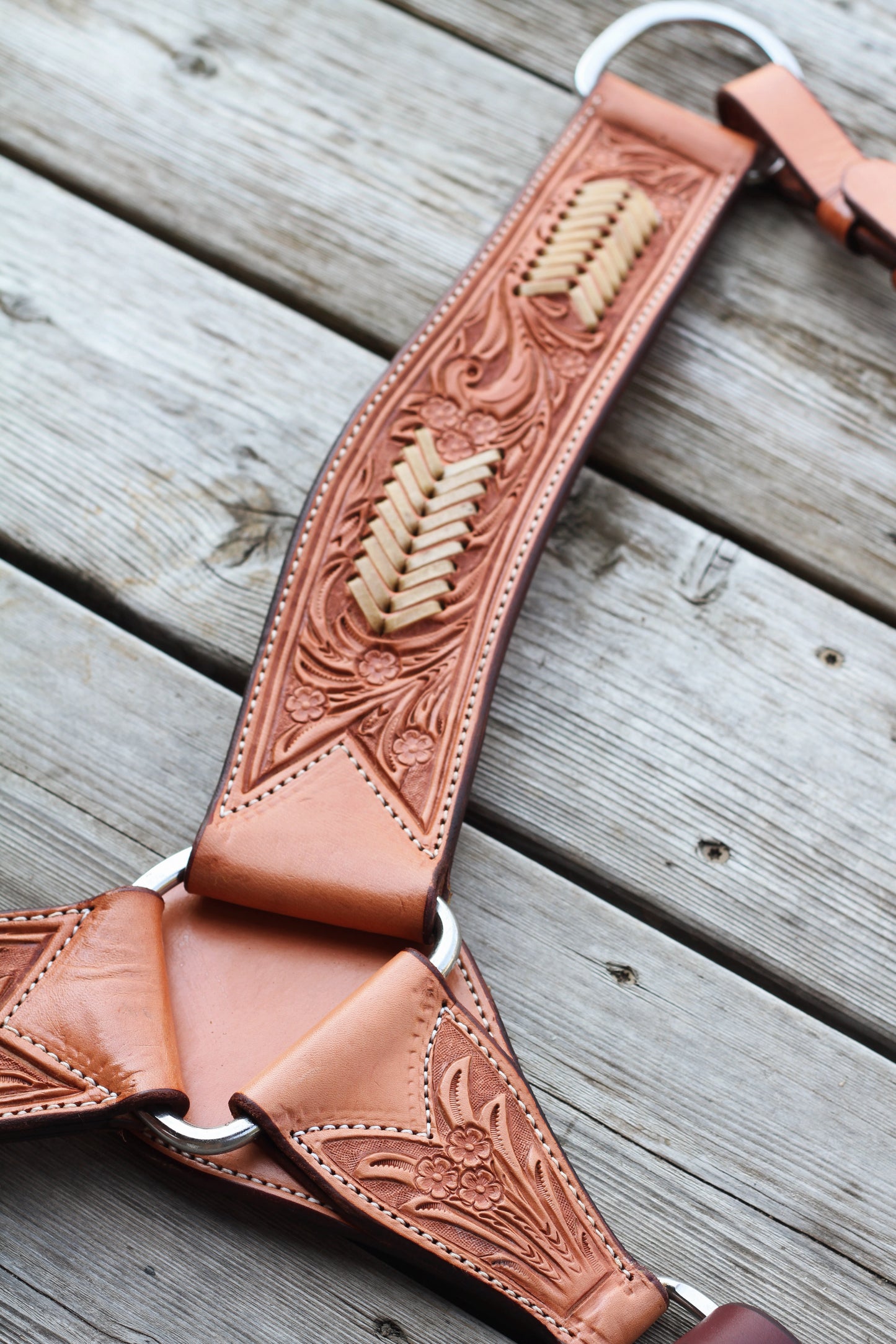 Light Oil Floral Tooled Breast Collar With Rawhide