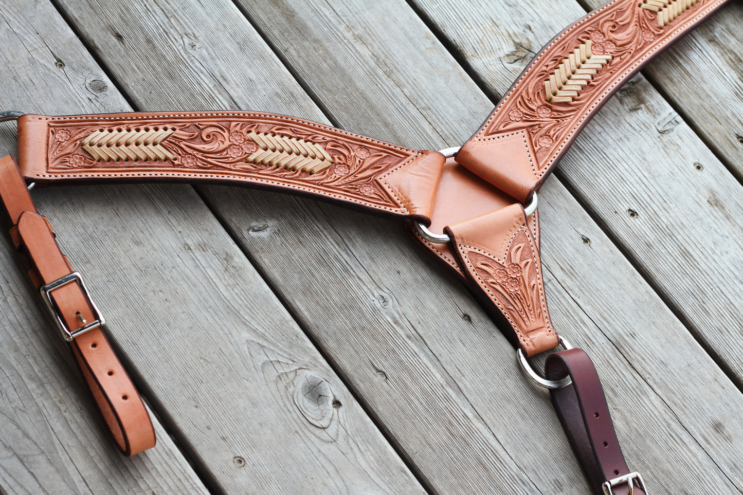 Light Oil Floral Tooled Breast Collar With Rawhide